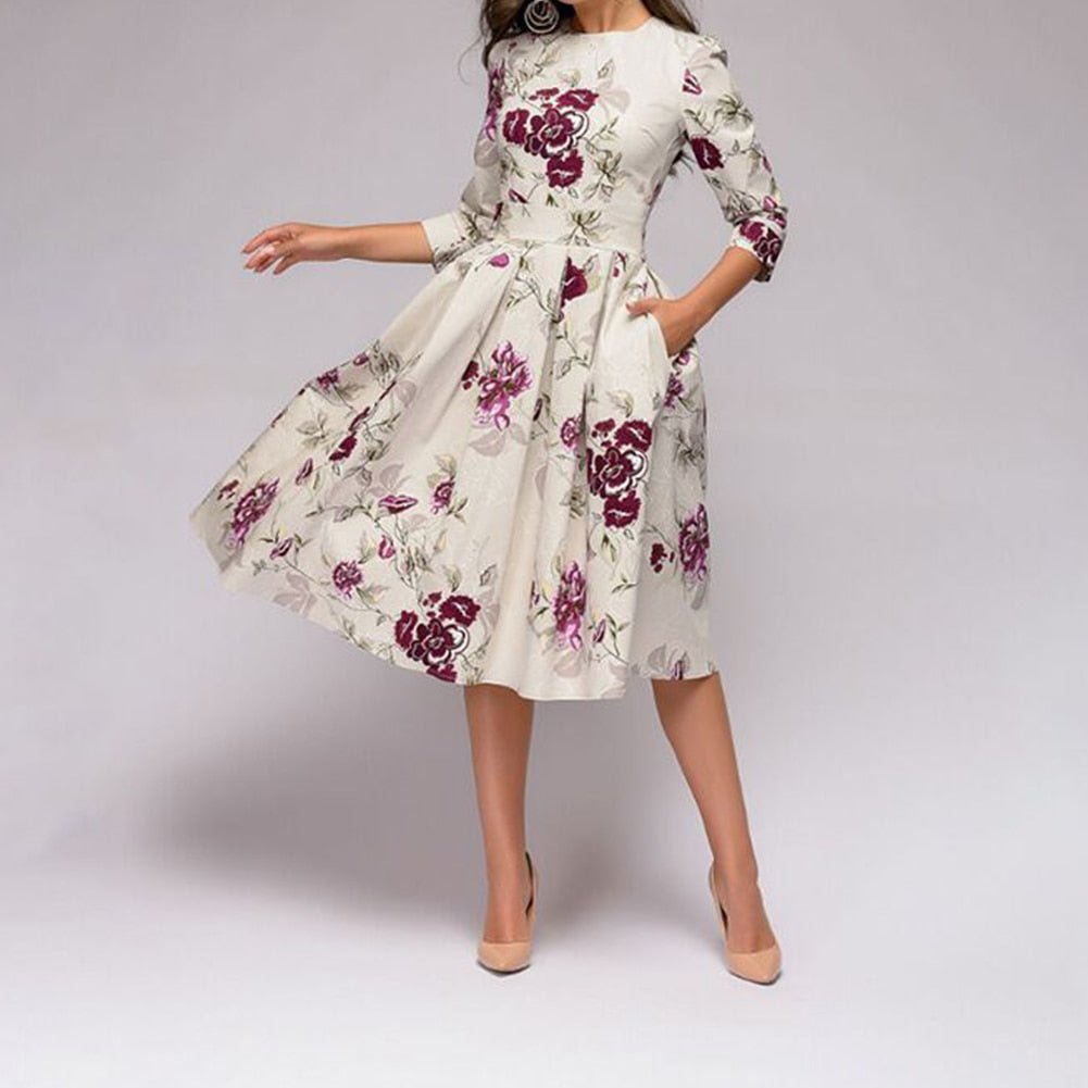 Puff Sleeve Midi Dress for Women in Retro Floral Pattern