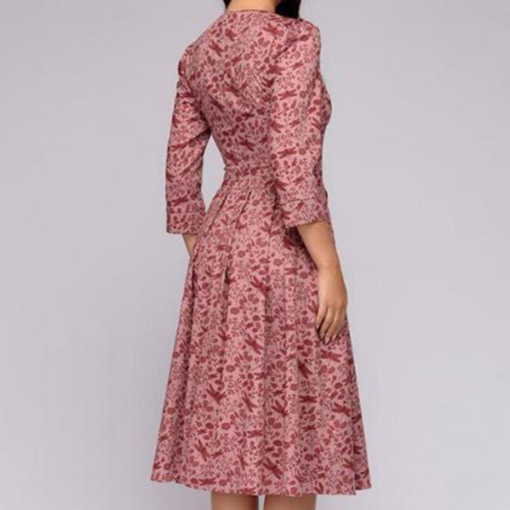 Puff Sleeve Midi Dress for Women in Retro Floral Pattern