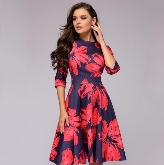 Puff Sleeve Midi Dress for Women in Retro Floral Pattern