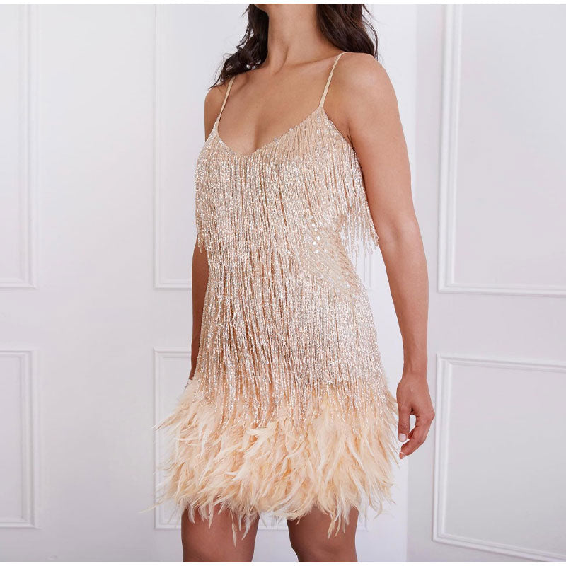 Sequin Cocktail Dress with Feather Trim for Women
