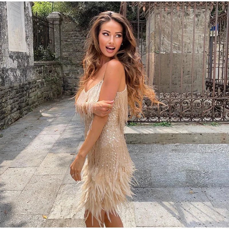 Sequin Cocktail Dress with Feather Trim for Women