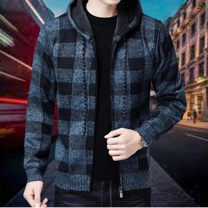 Ubaldo - High-Quality Men's Cardigan with Checkered Hood