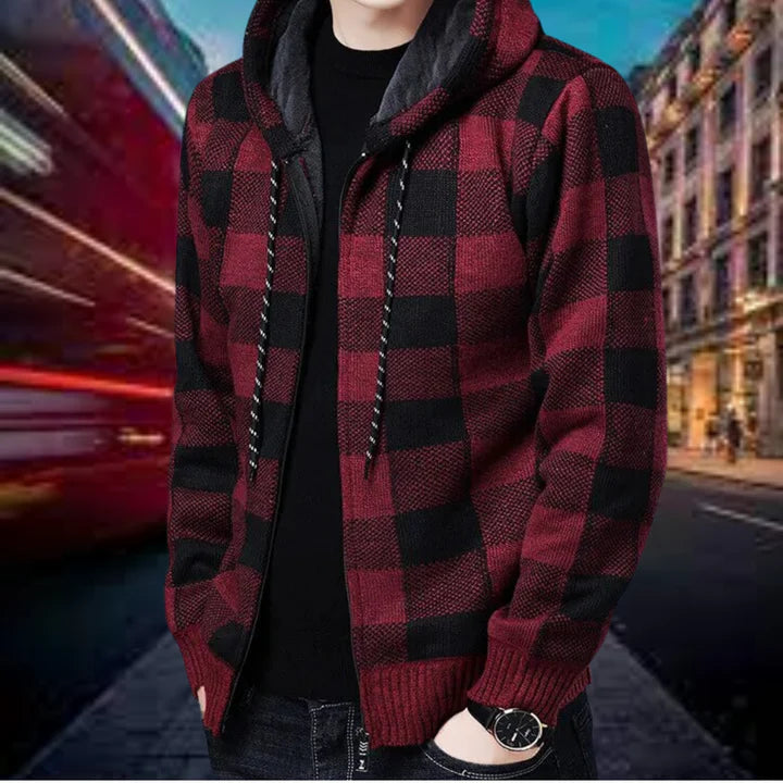 Ubaldo - High-Quality Men's Cardigan with Checkered Hood