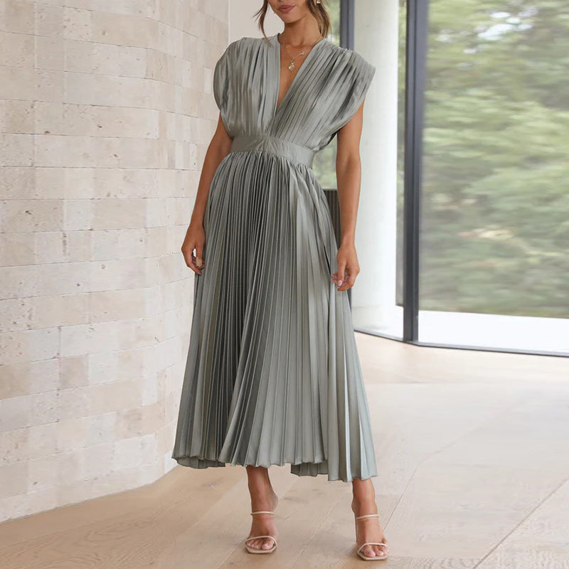 Summer Pleated Midi Dress with V Neck and Tie Back