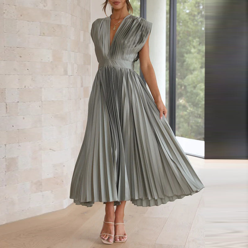 Summer Pleated Midi Dress with V Neck and Tie Back