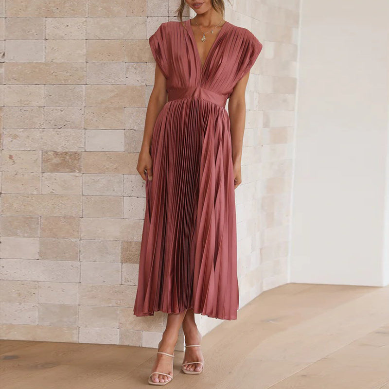 Summer Pleated Midi Dress with V Neck and Tie Back