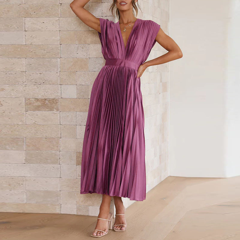 Summer Pleated Midi Dress with V Neck and Tie Back