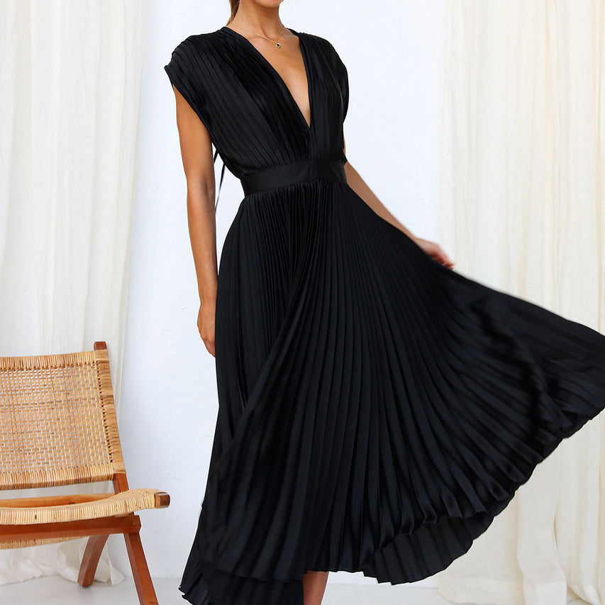 Summer Pleated Midi Dress with V Neck and Tie Back
