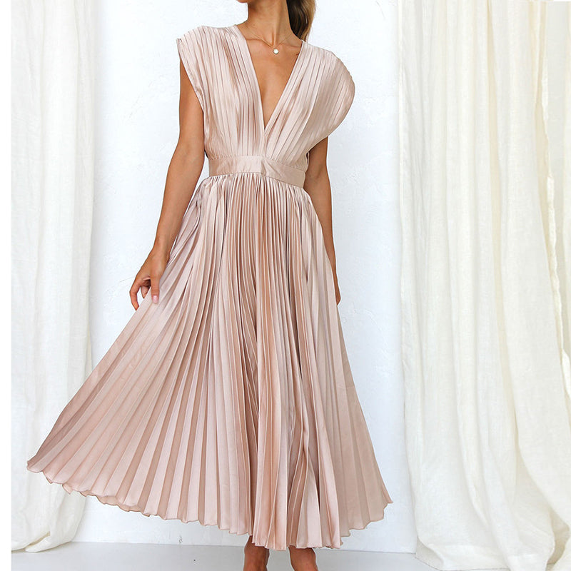 Summer Pleated Midi Dress with V Neck and Tie Back