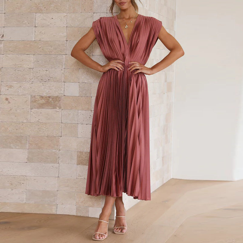 Summer Pleated Midi Dress with V Neck and Tie Back