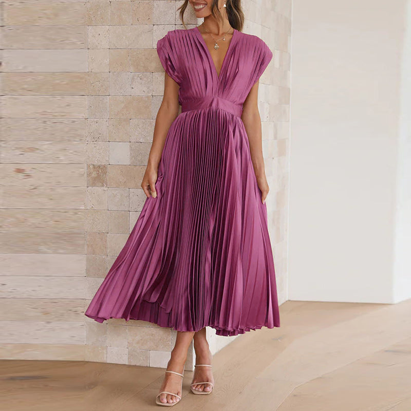 Summer Pleated Midi Dress with V Neck and Tie Back