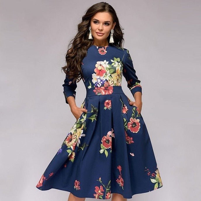 Puff Sleeve Midi Dress for Women in Retro Floral Pattern