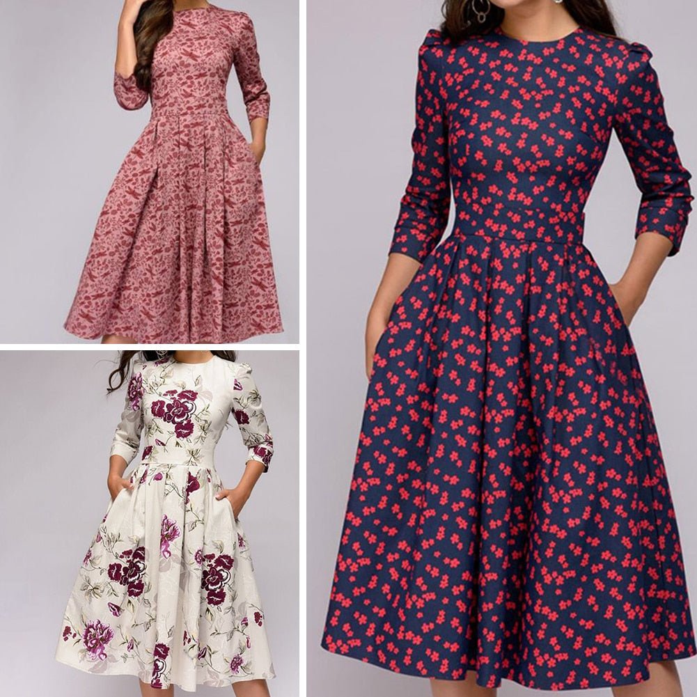 Puff Sleeve Midi Dress for Women in Retro Floral Pattern