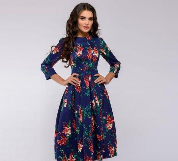 Puff Sleeve Midi Dress for Women in Retro Floral Pattern