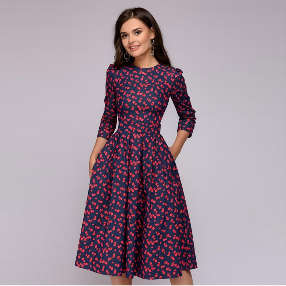 Puff Sleeve Midi Dress for Women in Retro Floral Pattern