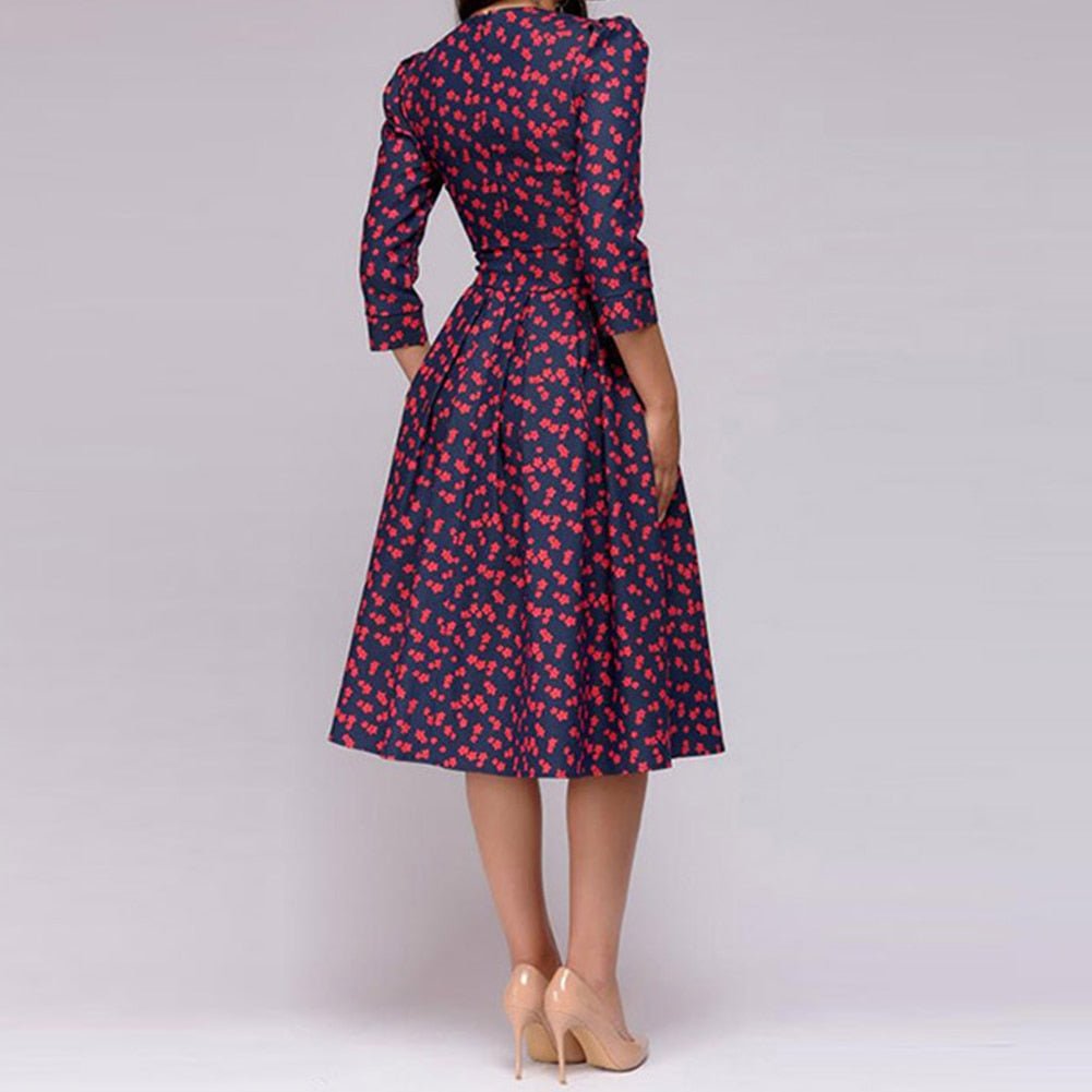 Puff Sleeve Midi Dress for Women in Retro Floral Pattern