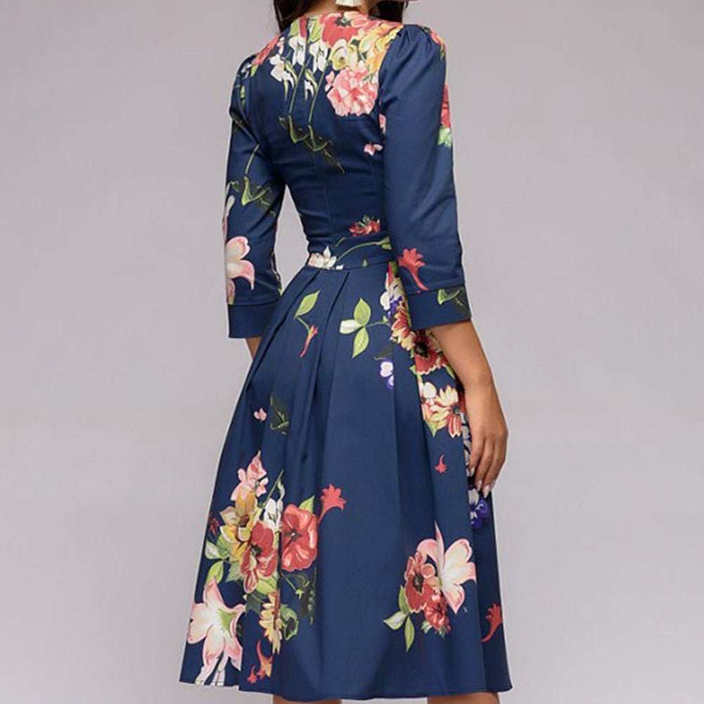 Puff Sleeve Midi Dress for Women in Retro Floral Pattern