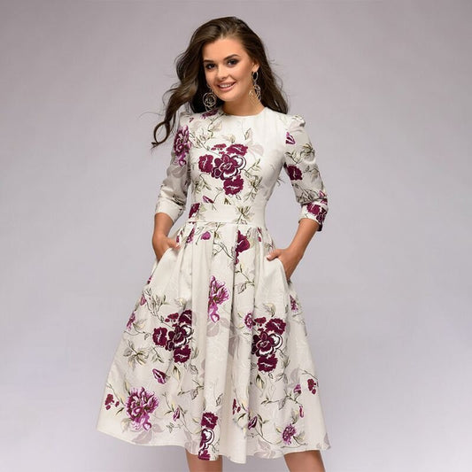 Puff Sleeve Midi Dress for Women in Retro Floral Pattern
