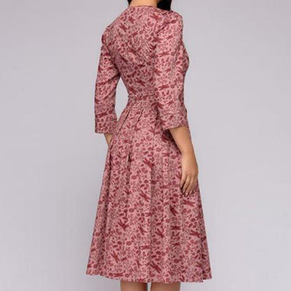 Puff Sleeve Midi Dress for Women in Retro Floral Pattern
