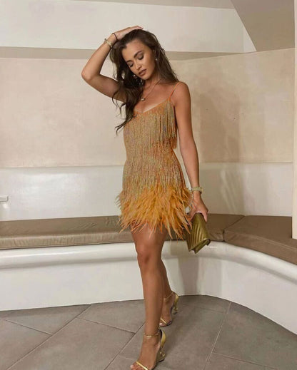 Sequin Cocktail Dress with Feather Trim for Women