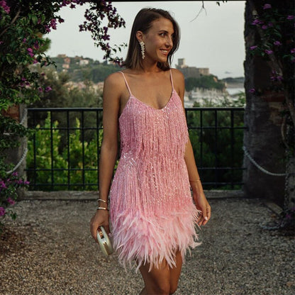 Sequin Cocktail Dress with Feather Trim for Women