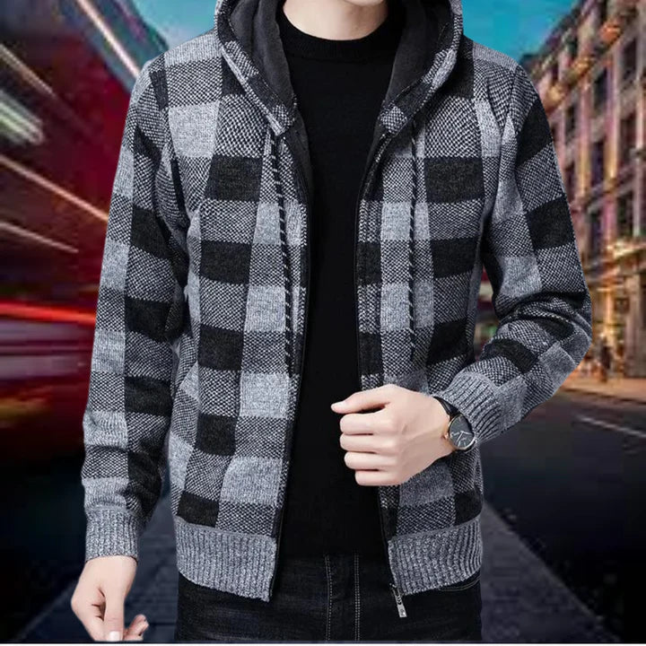 Ubaldo - High-Quality Men's Cardigan with Checkered Hood