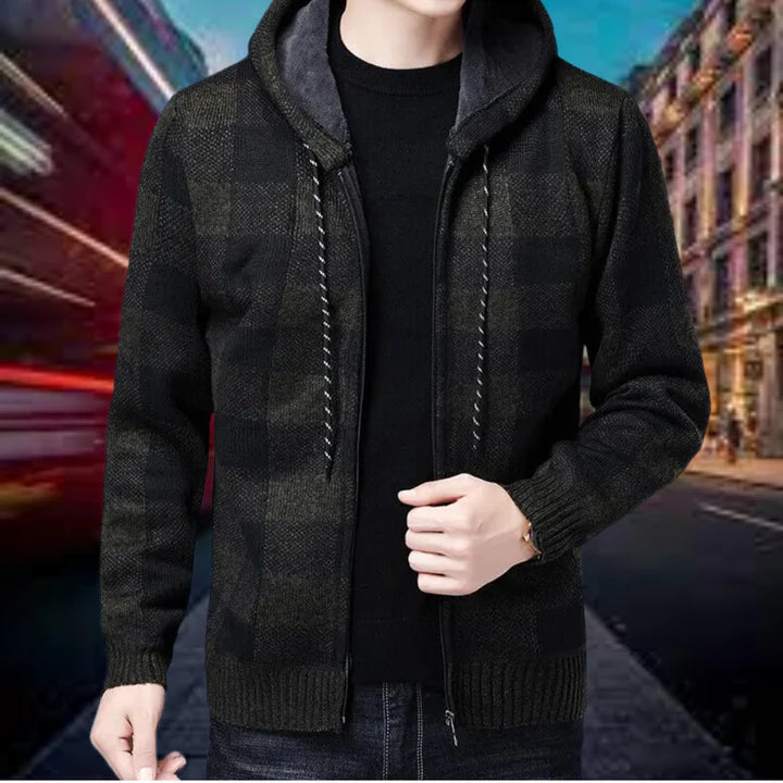 Ubaldo - High-Quality Men's Cardigan with Checkered Hood
