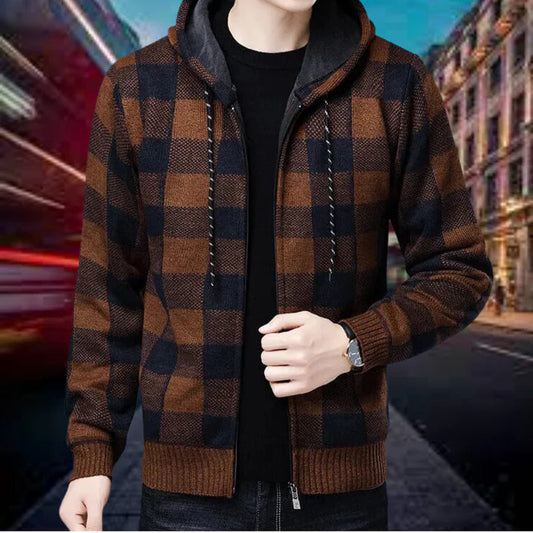 Ubaldo - High-Quality Men's Cardigan with Checkered Hood