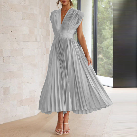 Summer Pleated Midi Dress with V Neck and Tie Back