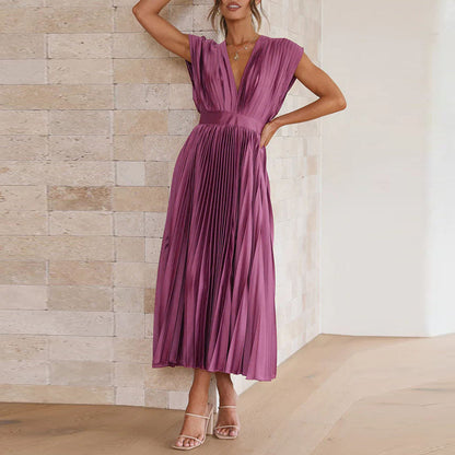 Summer Pleated Midi Dress with V Neck and Tie Back