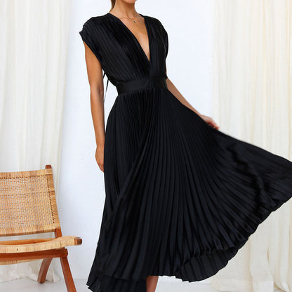 Summer Pleated Midi Dress with V Neck and Tie Back