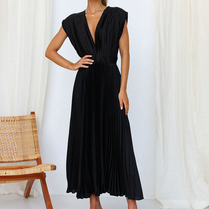 Summer Pleated Midi Dress with V Neck and Tie Back