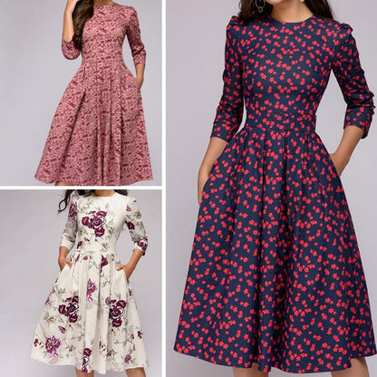 Puff Sleeve Midi Dress for Women in Retro Floral Pattern